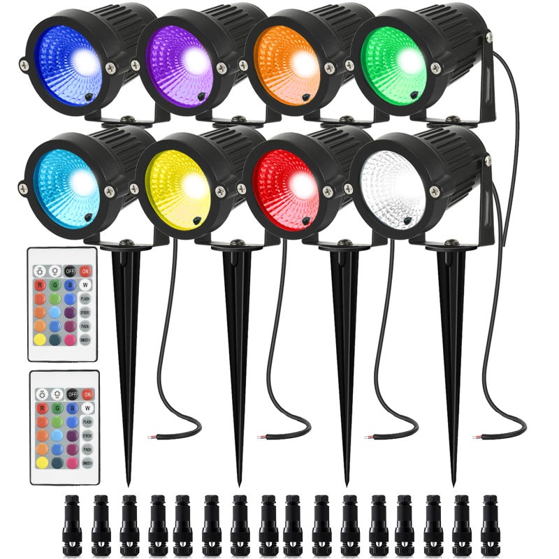 AHSELLUS Low Voltage Landscape Lights Color Changing RGB 5W DC12V LED Landscape Lighting Outdoor Waterproof Spotlight Remote Control for Garden Pathway Christmas Decorative Light(8, Multi-Colored) - Image 1